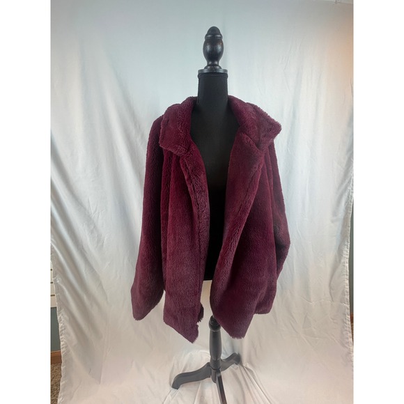 Burgundy Faux Fur Teddy Coat Oversized Notched Lapel Open Front Jacket Wine Red - Picture 2 of 13